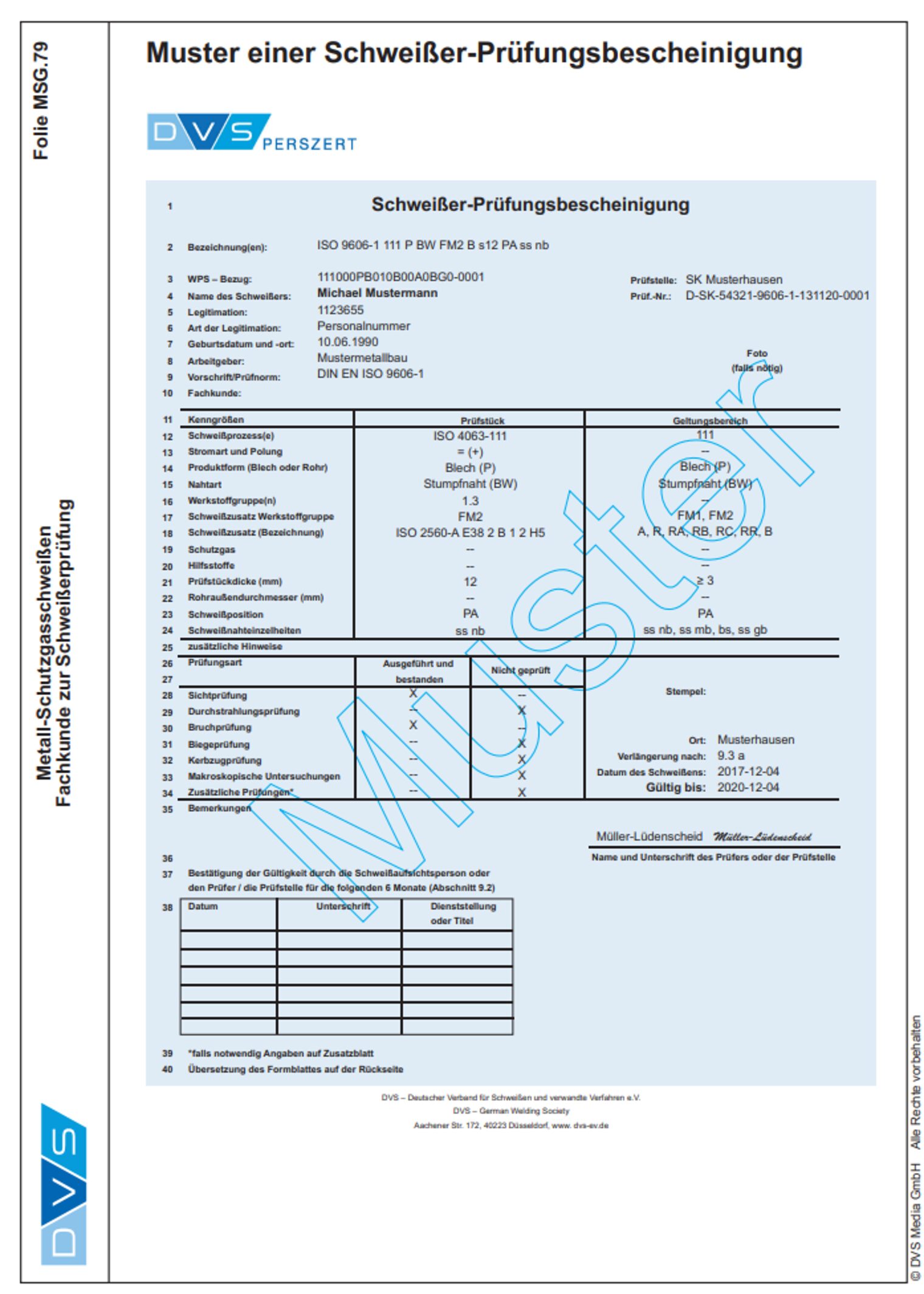 DVS Schweißerprüfungsbescheinigung nach ISO 9606-1/2 – Muster & Zertifikat Muster der DVS Schweißer-Prüfungsbescheinigung nach ISO 9606-1/2